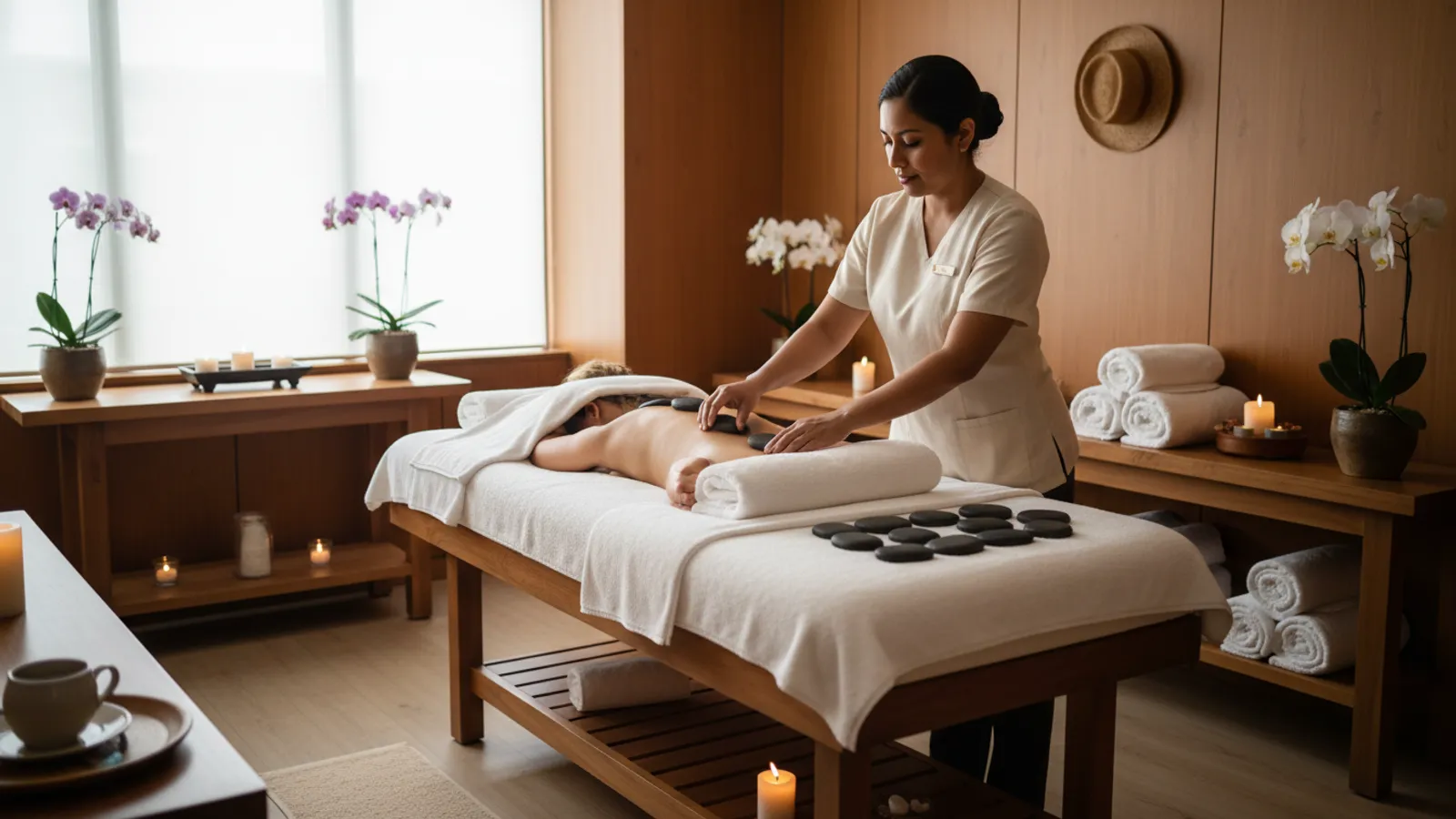 Terapeuta preparando una cabina de masajes en un spa de Panamá