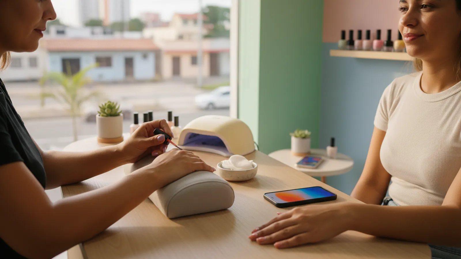 Manicurista pintando uñas de gel en un estudio de uñas de Panamá