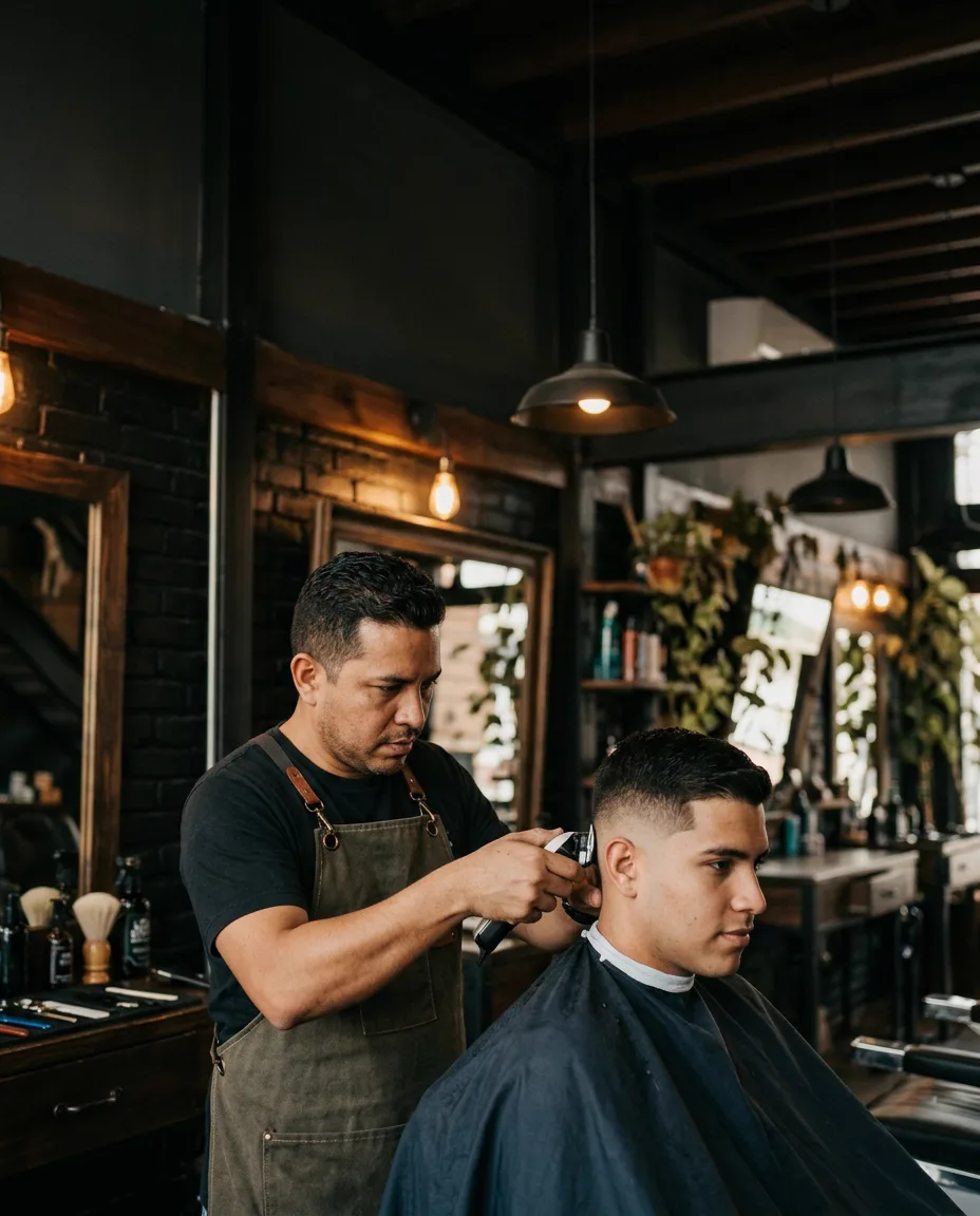 Barbero atendiendo a un cliente en una barbería de Panamá